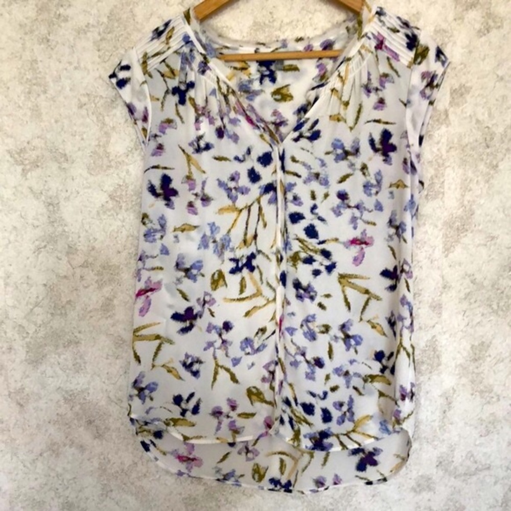 Daniel Rainn White Floral Cap-Sleeve Blouse with Purple and Olive Accents